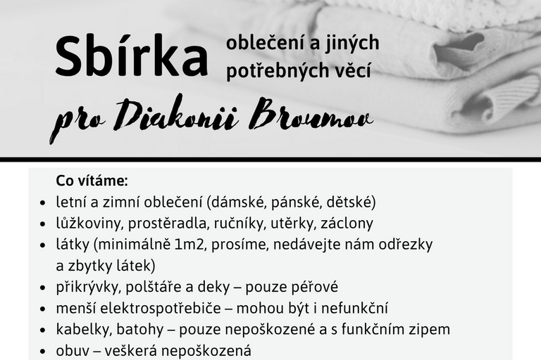 Sbírka věcí pro Diakonii Broumov 2026